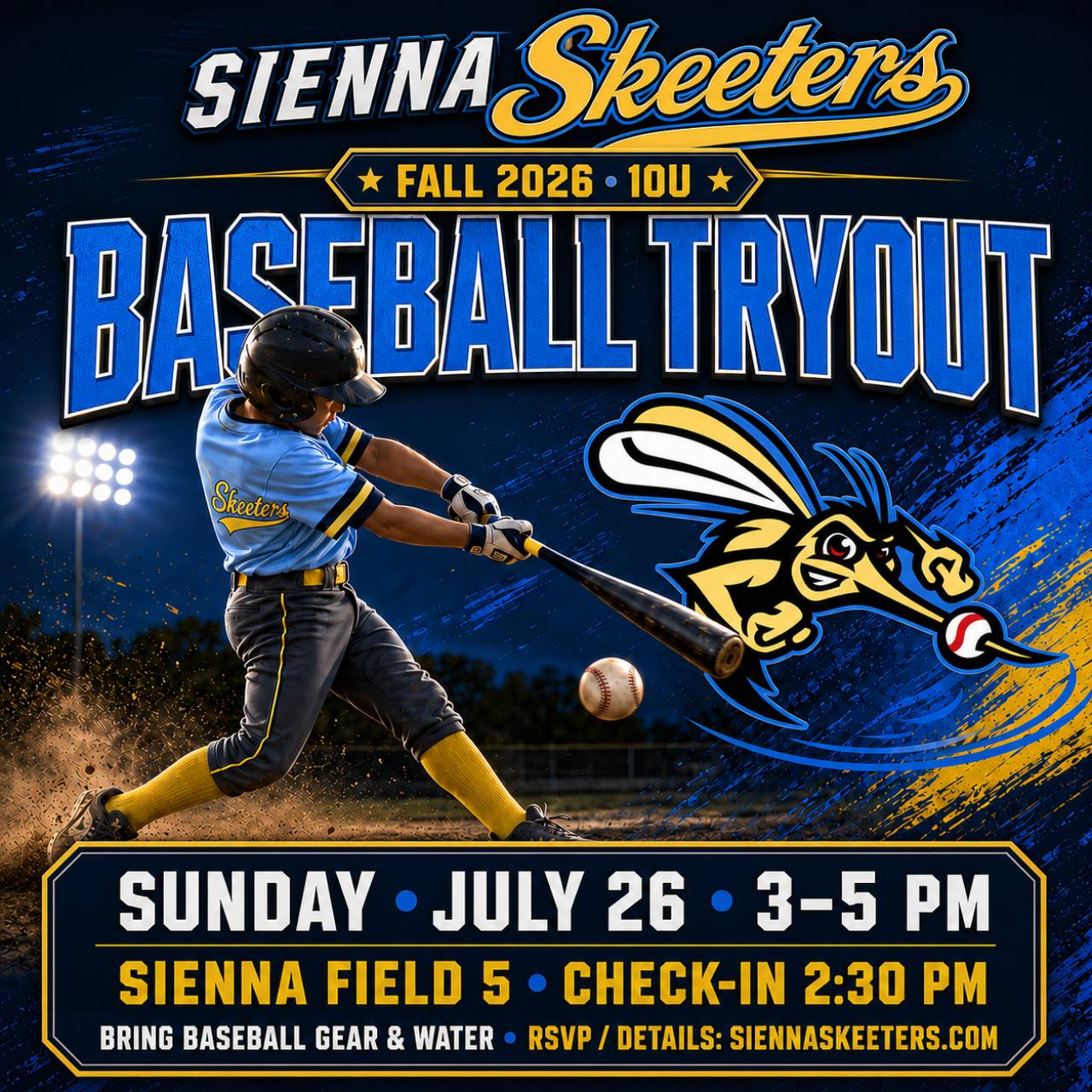 Sienna Skeeters Fall 2026 10U baseball tryout flyer